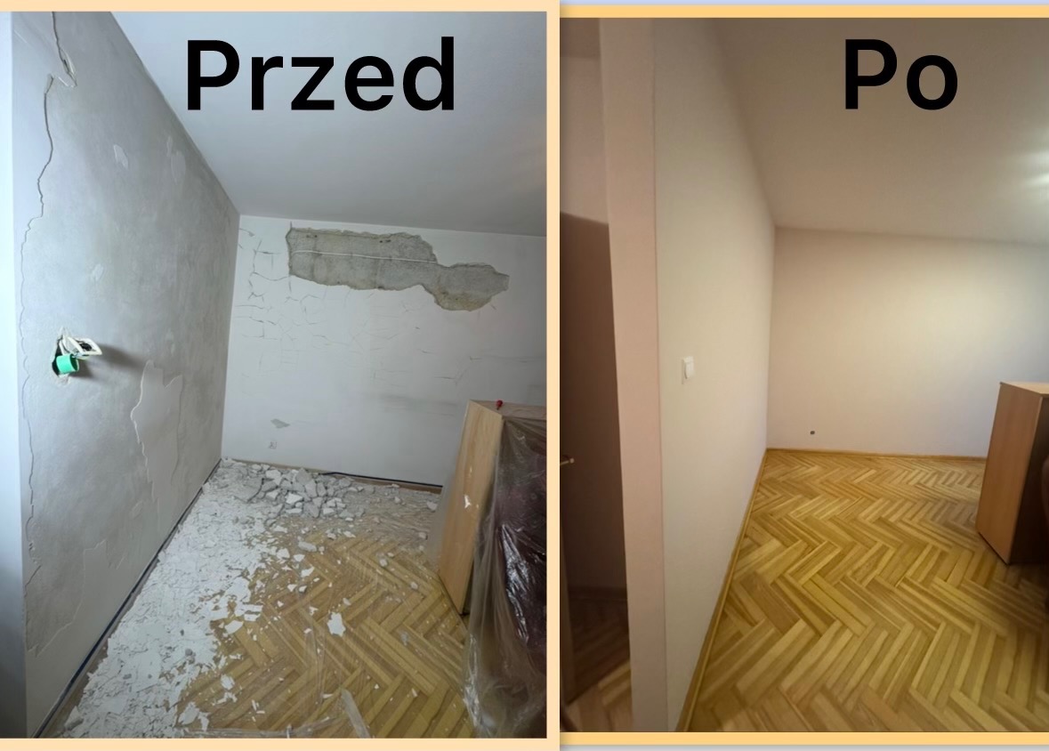 Zdjęcie 'przed i po' przedstawia remont pokoju: zniszczone ściany i podłoga vs. gładkie, pomalowane ściany i odnowiona podłoga parkietowa w jodełkę.