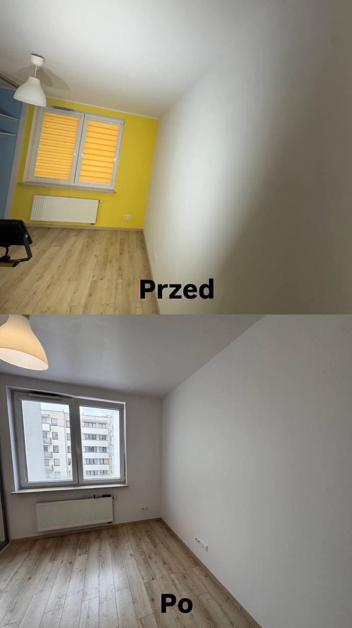 Pokój przed i po malowaniu: żółte ściany z żaluzjami w oknie kontra białe, odświeżone wnętrze z widokiem na budynek za oknem. Widoczna podłoga z paneli.