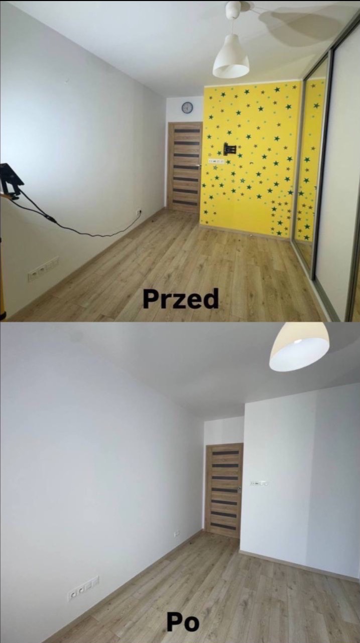 Pokój przed i po malowaniu: żółta ściana w gwiazdki zamieniona na białą. Widoczne panele podłogowe i drzwi z drewnianymi akcentami. Ujęcie prezentuje metamorfozę wnętrza.