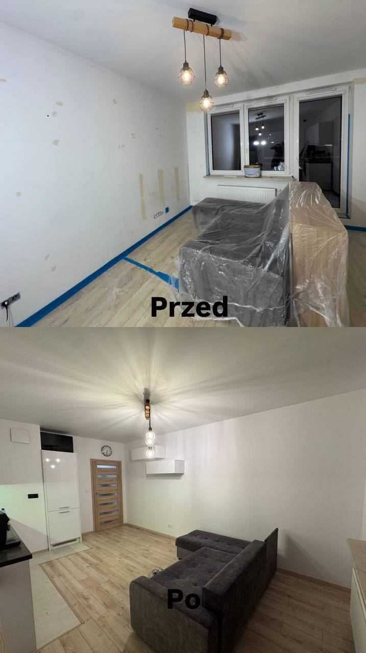 Zdjęcie 'przed i po' malowania ścian w salonie. Na górze ściany z ubytkami i taśmą malarską, na dole odnowione, białe ściany i przestrzeń z meblami.