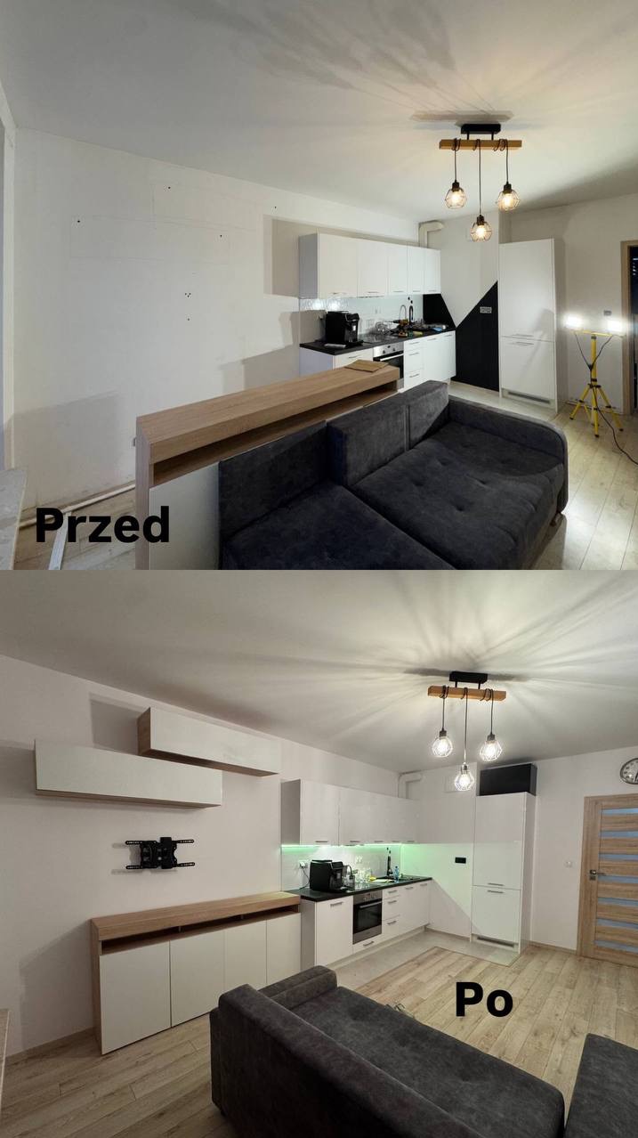 Zdjęcie 'przed i po' prezentujące metamorfozę wnętrza: od surowego stanu z widocznym zarysem mebli na ścianie do wykończonej kuchni z zamontowanymi szafkami i oświetleniem.
