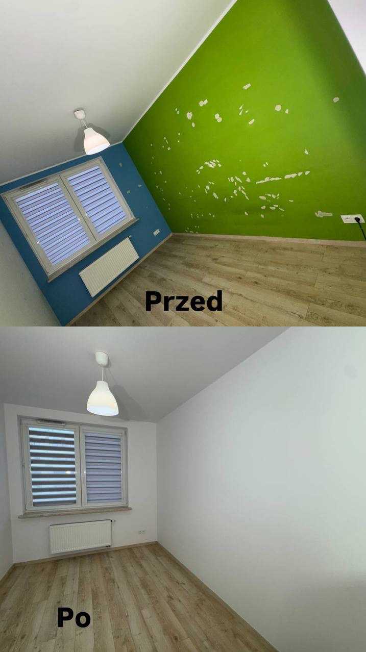 Pokój przed i po malowaniu: ściany zielone z ubytkami farby, niebieska wnęka okienna, po remoncie ściany białe, zachowany parkiet i okno.