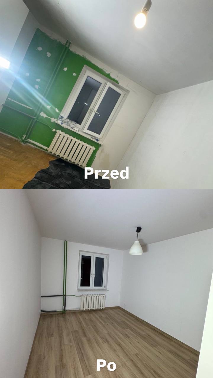 Zdjęcie 'przed i po' przedstawia remont pokoju: zielone ściany przed malowaniem i odnowione, białe ściany z panelami podłogowymi po remoncie. Widoczny grzejnik i okno.