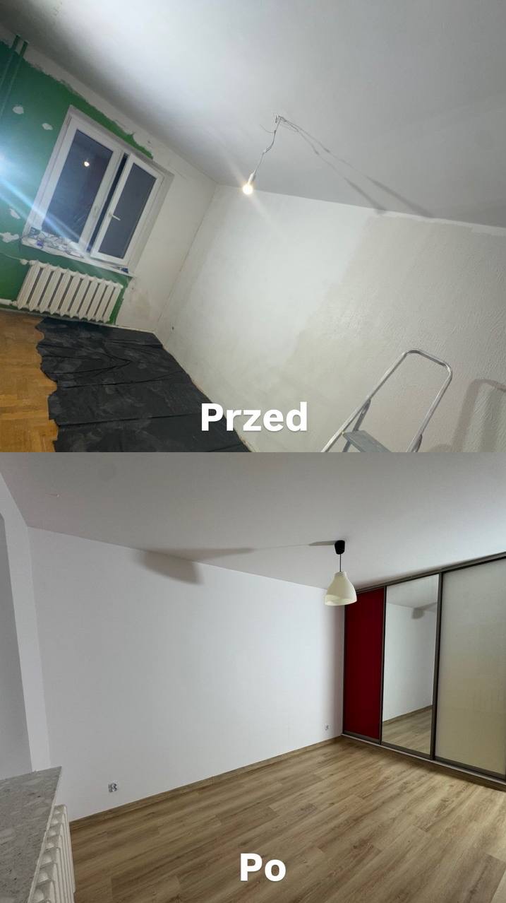 Zdjęcie 'przed i po' malowania pokoju: zielone ściany i zabezpieczona podłoga na górze, białe ściany i panele na dole. Widoczna drabina i lampa.