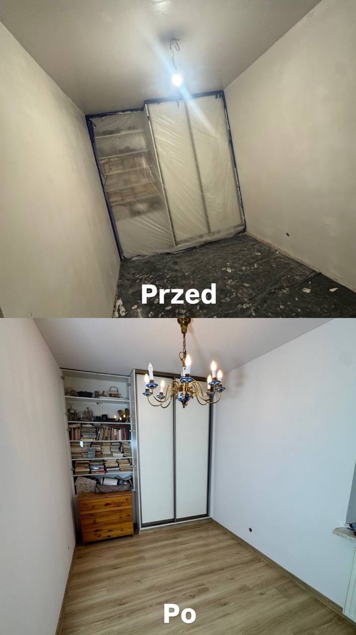 Pokój przed i po remoncie: zabezpieczone meble i surowe ściany na górze, odnowione wnętrze z parkietem i oświetleniem na dole. Widoczna różnica w wykończeniu.