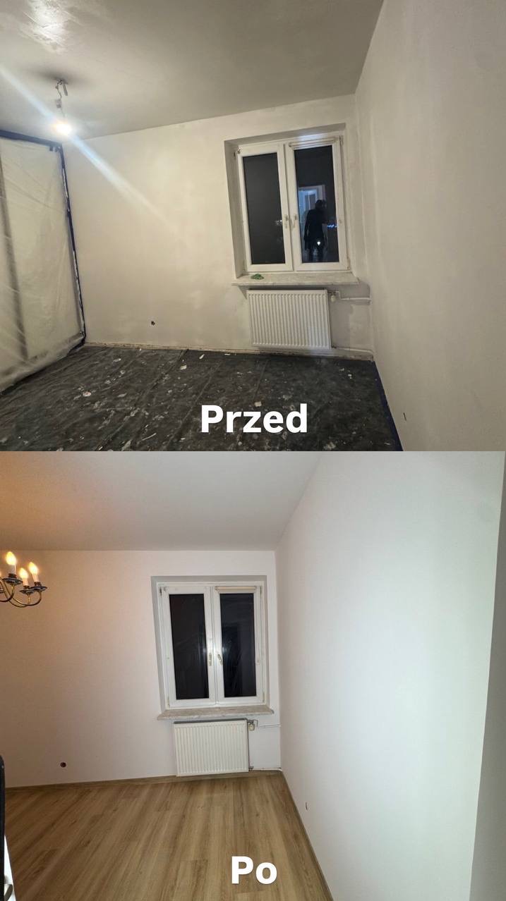 Zdjęcie 'przed i po' przedstawia pokój: górna część pokazuje przygotowania do malowania, dolna - efekt po malowaniu i ułożeniu paneli podłogowych.