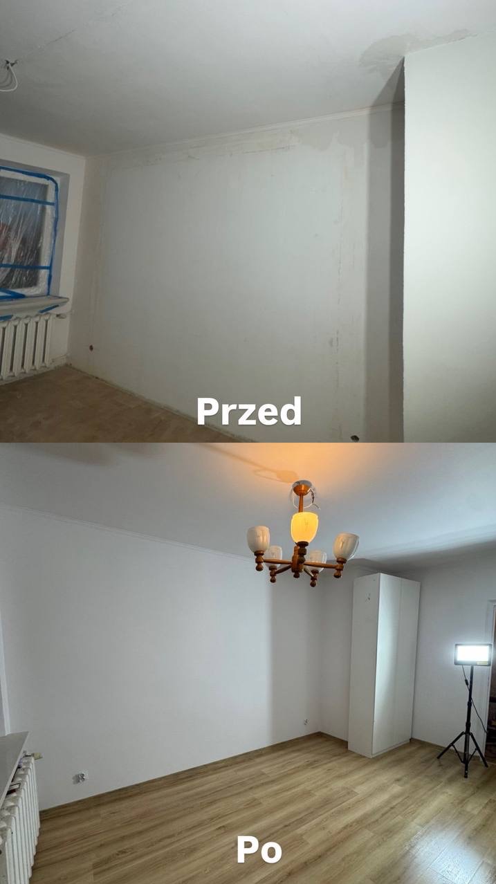 Pokój przed i po odświeżeniu: ściany z widocznymi plamami i zabezpieczonym oknem, a następnie gładkie, białe ściany z nową podłogą i oświetleniem.