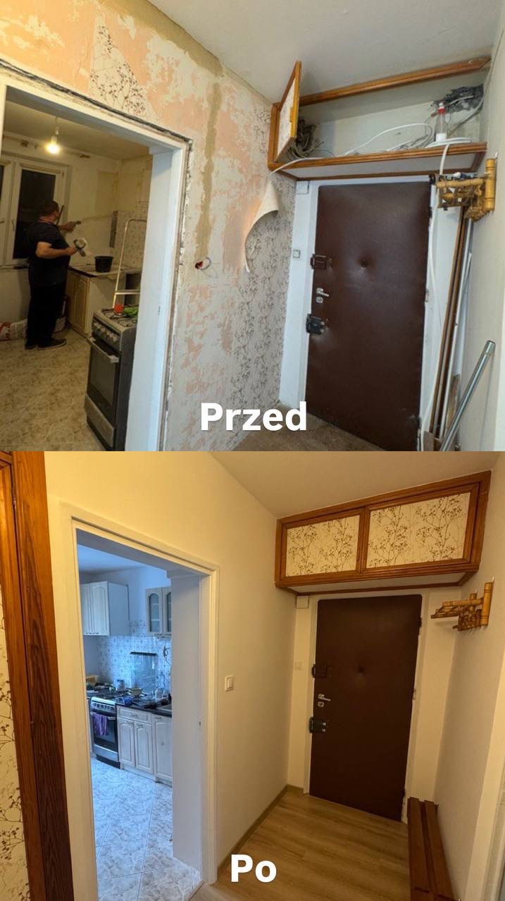 Remont korytarza: porównanie stanu przed i po odświeżeniu. Widoczne zmiany w kolorystyce ścian, usunięte stare tapety, odnowione drzwi i szafka nad nimi.