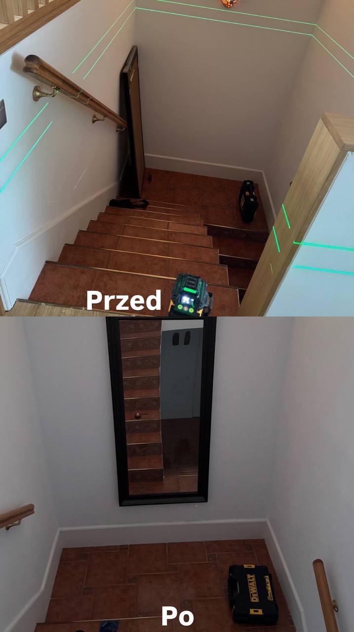 Schody w domu przed i po remoncie. Na górnym zdjęciu poziomica laserowa, na dolnym czysta ściana i podłoga. Widoczna różnica w kolorze ścian i listew przypodłogowych.