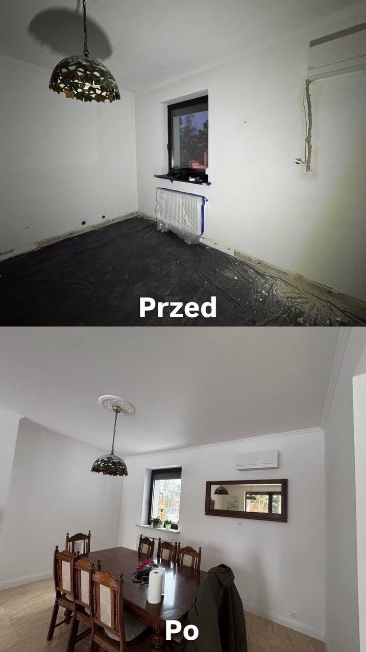 Zdjęcie 'przed i po' malowania pokoju: widok przed remontem z folią ochronną i po remoncie z umeblowaną jadalnią, lampą i listwami dekoracyjnymi.
