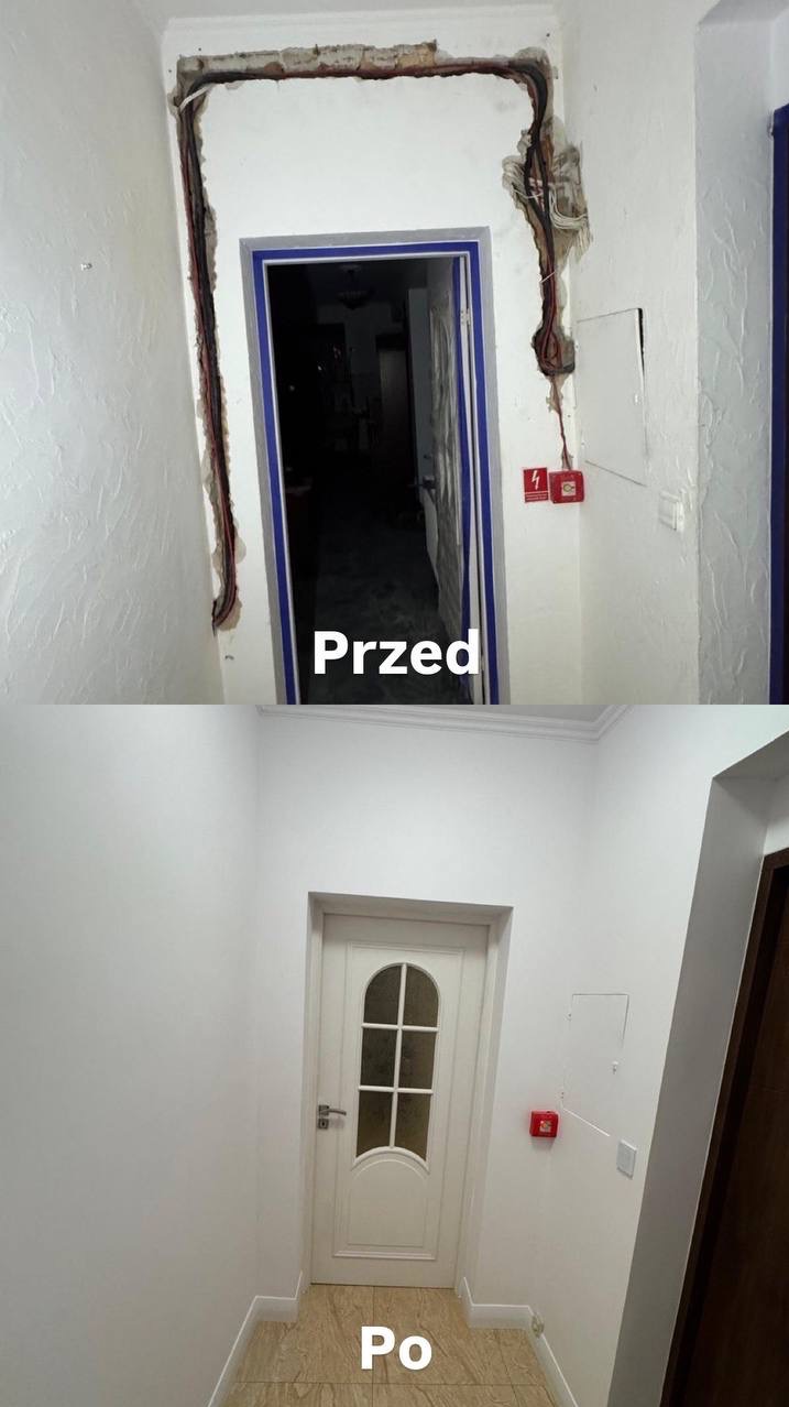 Remont korytarza: porównanie stanu przed (odsłonięte przewody) i po (świeżo pomalowane ściany, nowa podłoga i drzwi).
