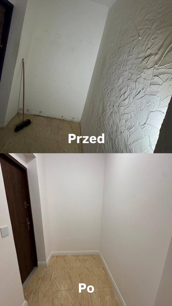 Korytarz przed i po odświeżeniu: ściany z fakturą i zabrudzeniami kontra gładkie, pomalowane na biało. Widoczna różnica w czystości i estetyce wykończenia.