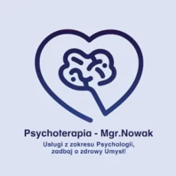 Grafika: Stylizowany mózg w sercu, symbolizujący psychoterapię i dbałość o zdrowie psychiczne. Podpis: Psychoterapia - Mgr. Nowak.