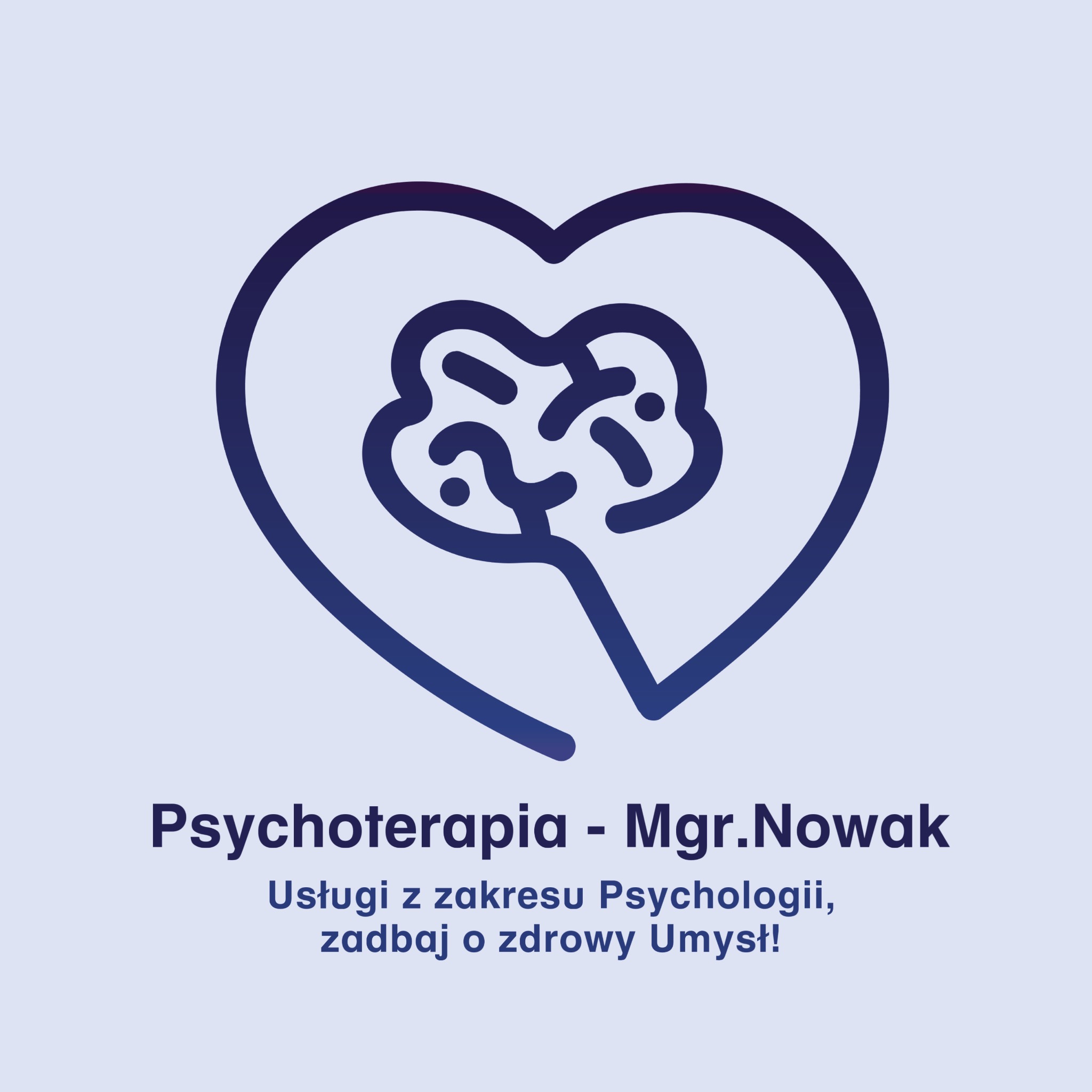Grafika: Stylizowany mózg w sercu, symbolizujący psychoterapię i dbałość o zdrowie psychiczne. Podpis: Psychoterapia - Mgr. Nowak.