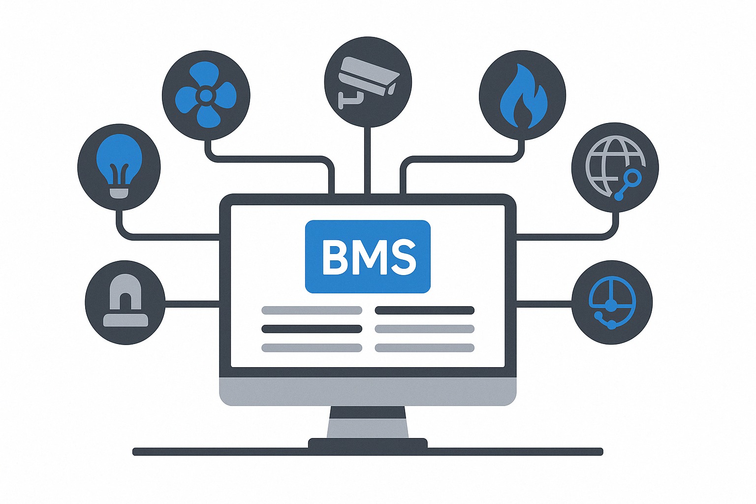 Ilustracja systemu BMS na monitorze, z ikonami alarmu, wentylacji, kamery i sieci w Warszawie. Centralne zarządzanie budynkiem, inteligentny dom.