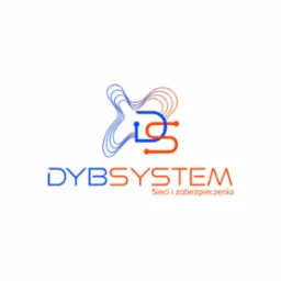 Logo firmy DYBSYSTEM: abstrakcyjny symbol sieci i zabezpieczeń w kolorach niebieskim i pomarańczowym, z nazwą firmy i hasłem 'Sieci i zabezpieczenia'.