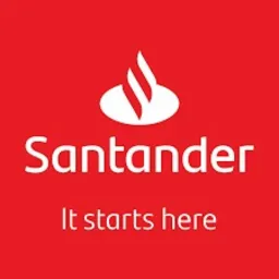 Czerwone logo Santander z płomieniem i hasłem 'It starts here'. Minimalistyczny design, wyraźna typografia, sugeruje stabilność i nowoczesność marki finansowej.