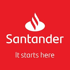 Czerwone logo Santander z płomieniem i hasłem 'It starts here'. Minimalistyczny design, wyraźna typografia, sugeruje stabilność i nowoczesność marki finansowej.