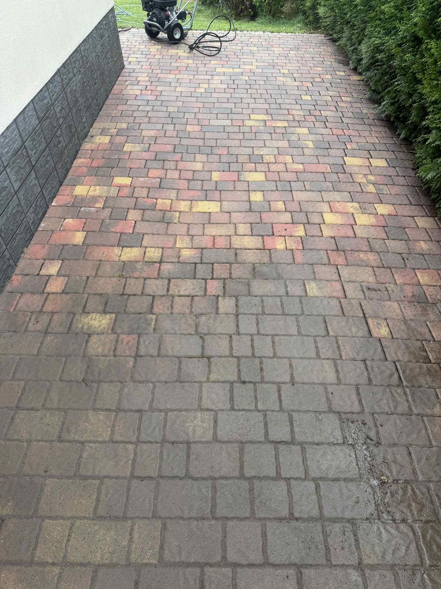 Dwukolorowa kostka brukowa częściowo umyta, z widoczną różnicą w czystości. W tle myjka ciśnieniowa i zielony żywopłot.