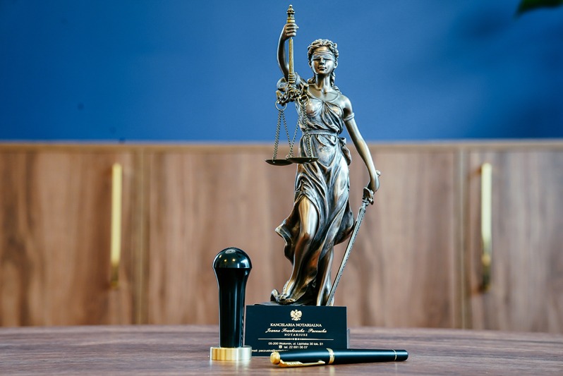 Statuetka Temidy, pieczątka i wizytówka kancelarii prawnej na biurku z drewnianym blatem i niebieskim tłem. Elegancka kompozycja, detale wyposażenia.