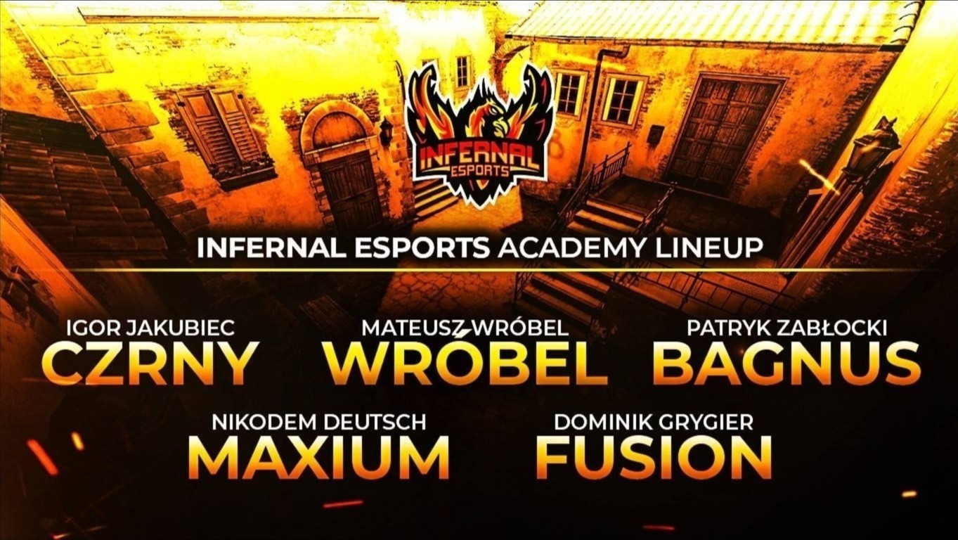 Grafika dla Infernal Esports prezentująca nowy skład zespołu.