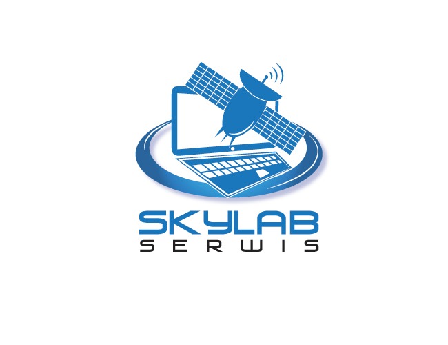 Niebieskie logo firmy Skylab Serwis: laptop z anteną satelitarną, symbolizujące usługi IT i serwisowe.