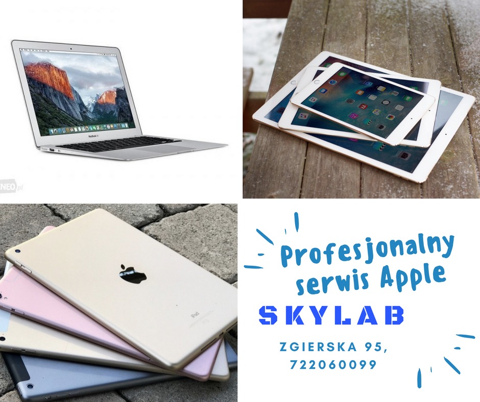 Profesjonalny serwis Apple: MacBook Air z włączonym ekranem, stos iPadów na drewnianym stole i kostce brukowej, dane kontaktowe firmy Skylab.
