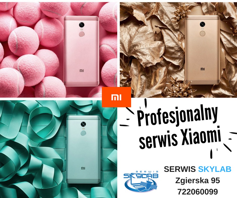 Profesjonalny serwis Xiaomi: kolaż z telefonami Xiaomi w trzech kolorach na tle piłek tenisowych, złotych liści i wstążek, logo Xiaomi i dane kontaktowe serwisu.
