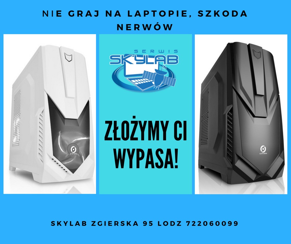 Reklama serwisu Skylab: obudowy komputerowe (biała i czarna) po bokach, logo firmy na błękitnym tle, hasło 'Złożymy Ci wypasa!' i adres firmy.