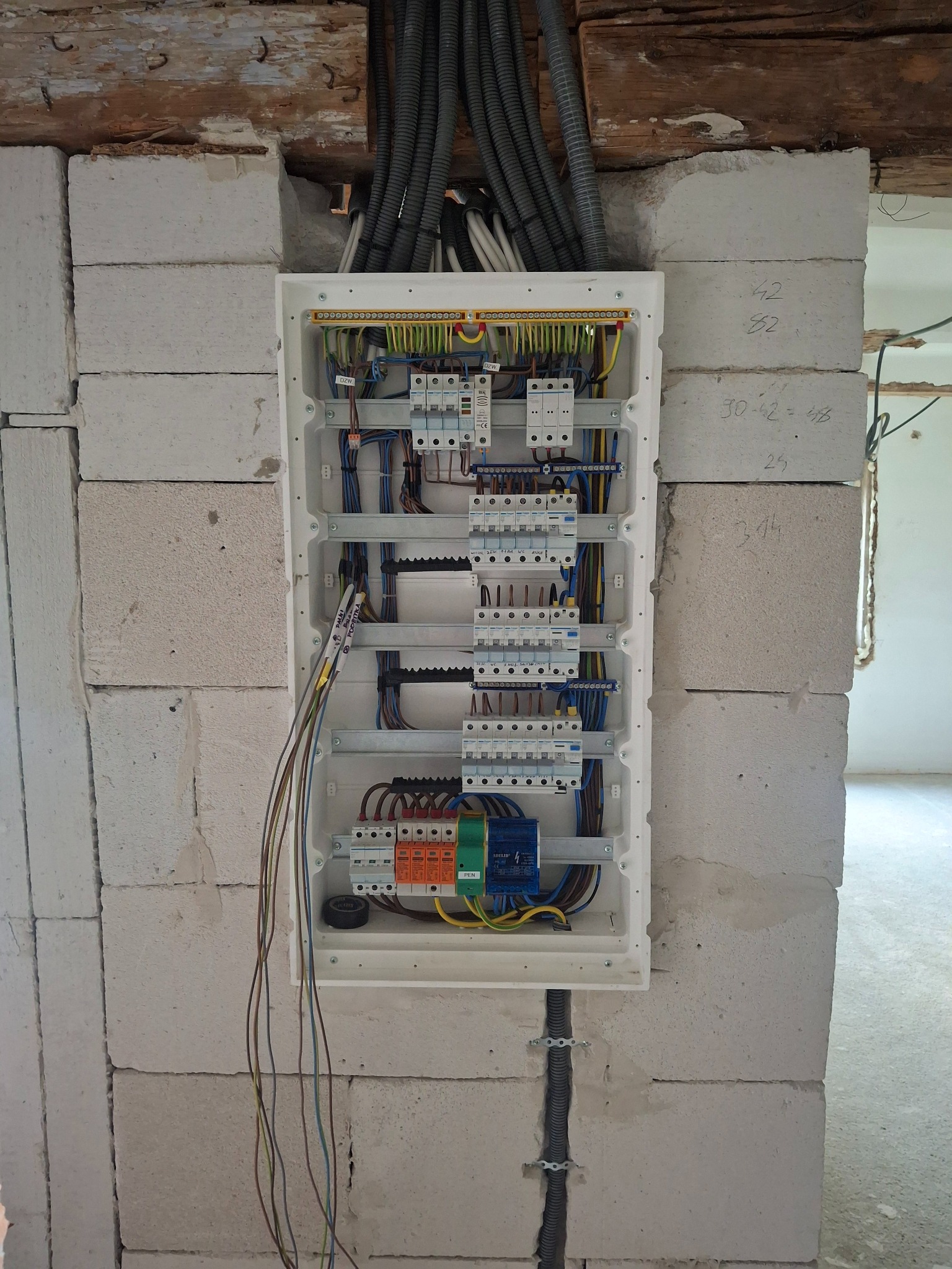 Rozdzielnica elektryczna w surowym wnętrzu, widoczne kable i zabezpieczenia. Instalacja w trakcie montażu, ściany z betonu komórkowego.