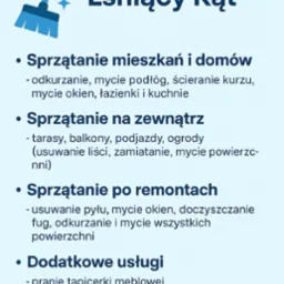 Grafika reklamowa firmy sprzątającej 'Lśniący Kąt' z ofertą sprzątania mieszkań, na zewnątrz, po remontach oraz usług dodatkowych. Dominuje błękitna kolorystyka.