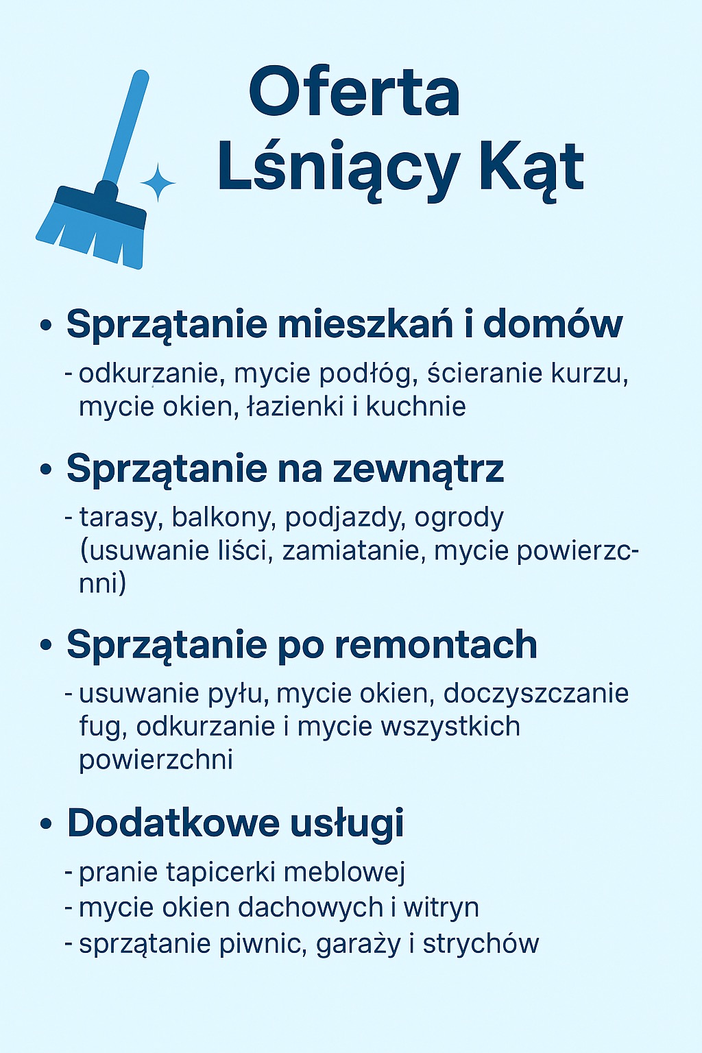 Grafika reklamowa firmy sprzątającej 'Lśniący Kąt' z ofertą sprzątania mieszkań, na zewnątrz, po remontach oraz usług dodatkowych. Dominuje błękitna kolorystyka.