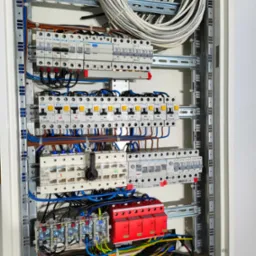 Rozdzielnica elektryczna z zamontowanymi bezpiecznikami, przewodami w różnych kolorach i szyną. Widoczne elementy montażowe i oznaczenia na urządzeniach.