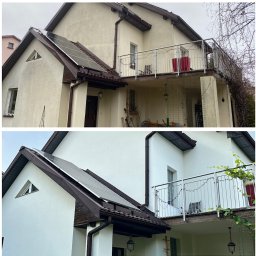 GERU POLSKA sp. z o.o. - Zdjęcie elewacji domu przed i po malowaniu, z widocznymi panelami słonecznymi na dachu i balkonem z metalową balustradą. Porównanie koloru i czystości.