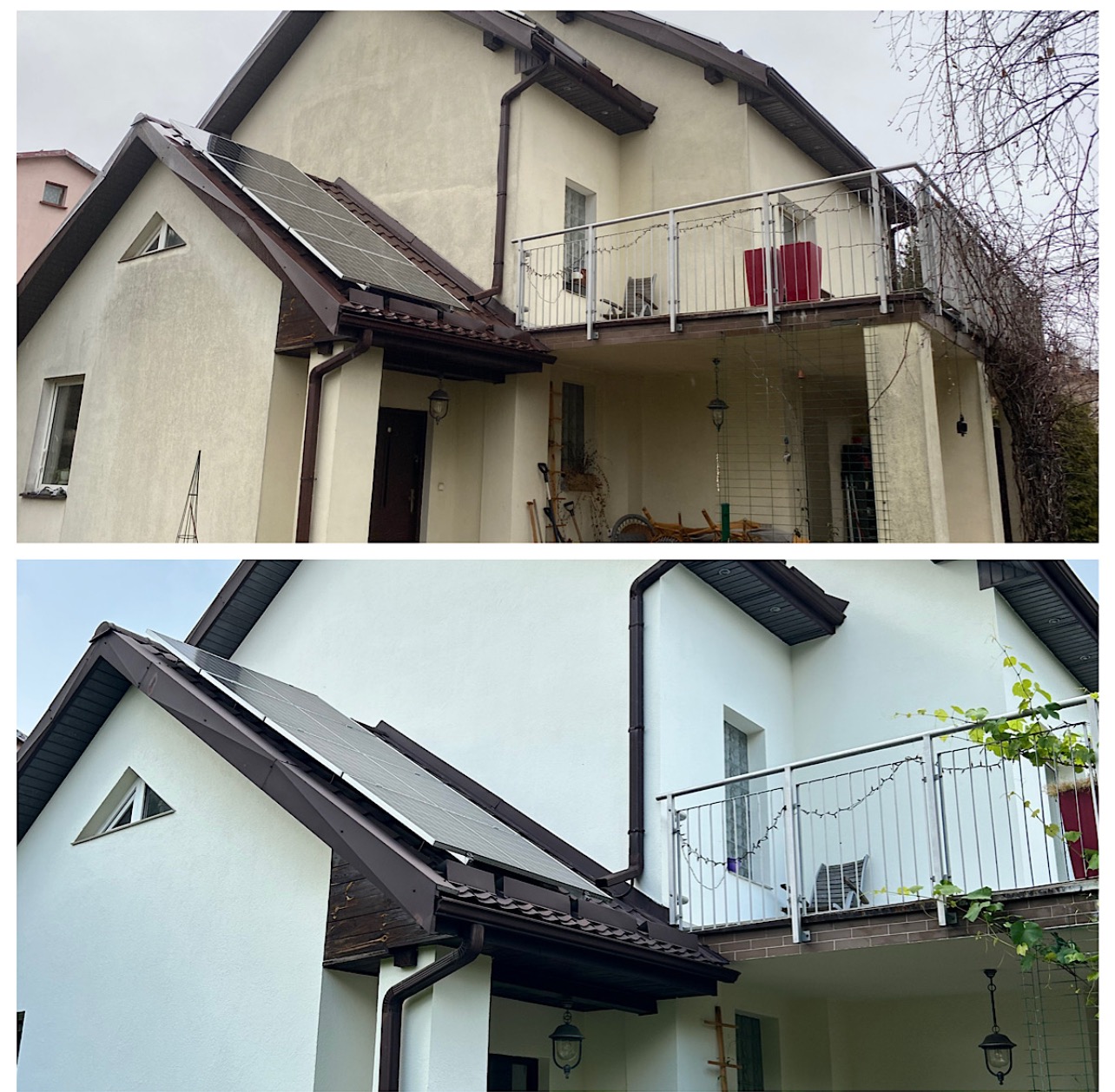 Zdjęcie elewacji domu przed i po malowaniu, z widocznymi panelami słonecznymi na dachu i balkonem z metalową balustradą. Porównanie koloru i czystości.