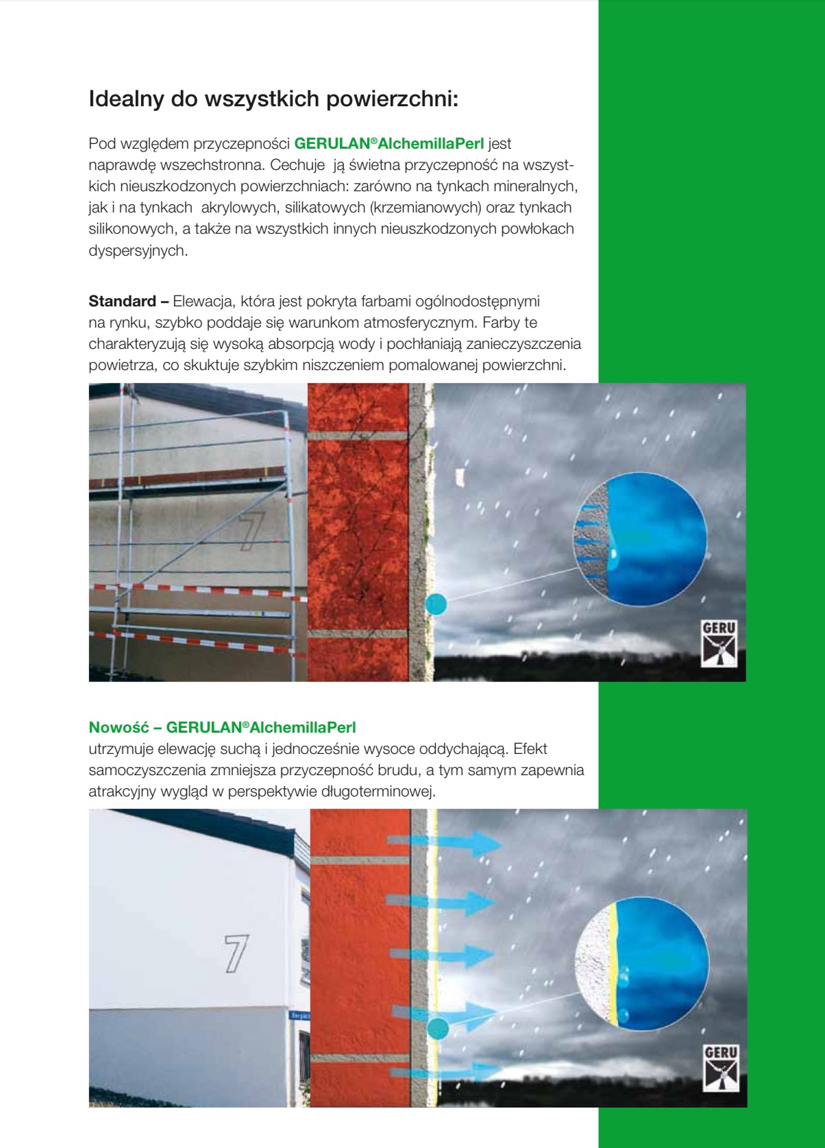 Grafika prezentująca elewację budynku z rusztowaniem i schematycznym przekrojem warstw, ilustrująca właściwości farby GERULAN®Alchemilla Perl.