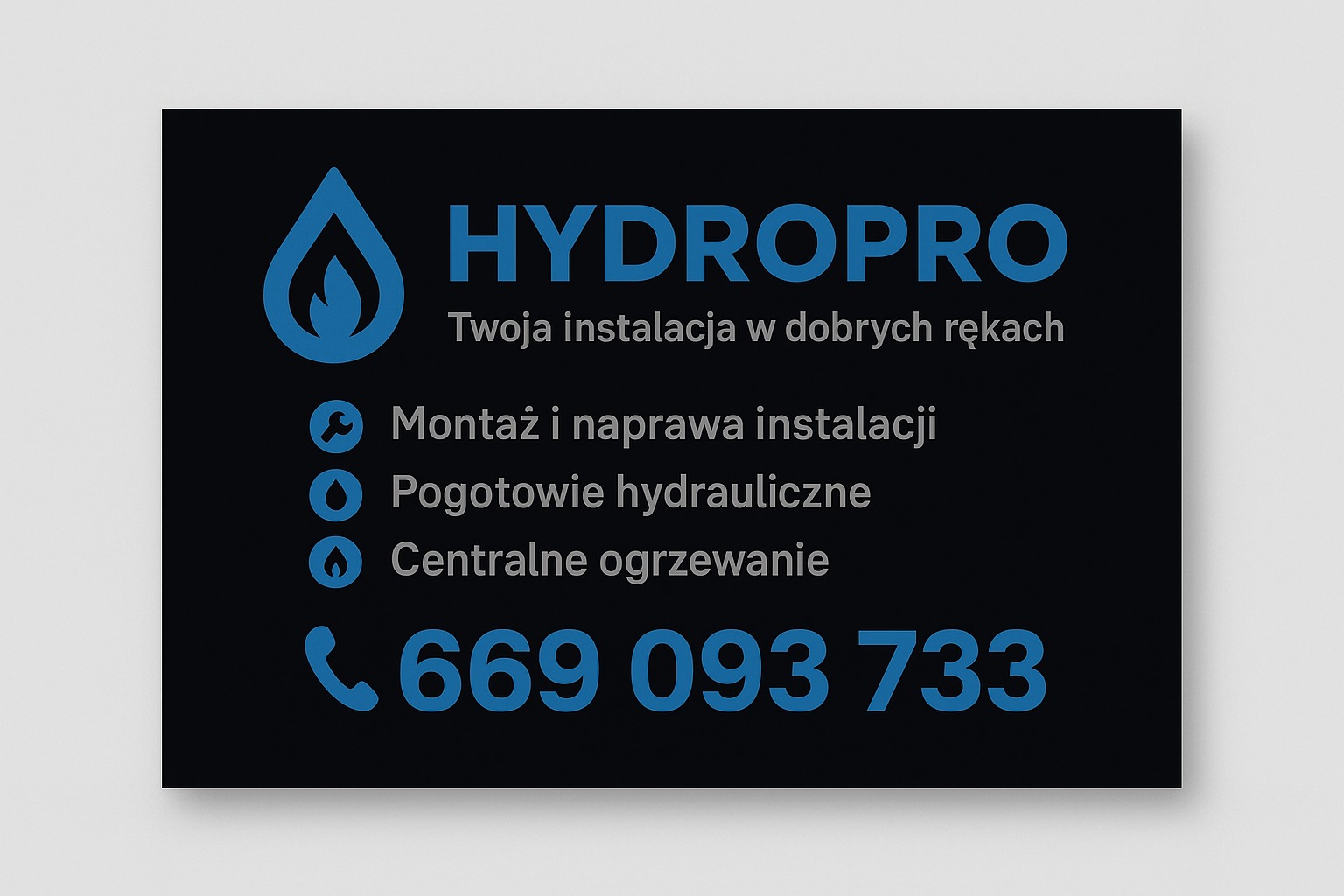 Wizytówka firmy Hydropro z niebieskim logo płomienia, hasłem 'Twoja instalacja w dobrych rękach', ofertą montażu, pogotowia hydraulicznego, centralnego ogrzewania i numerem telefonu.