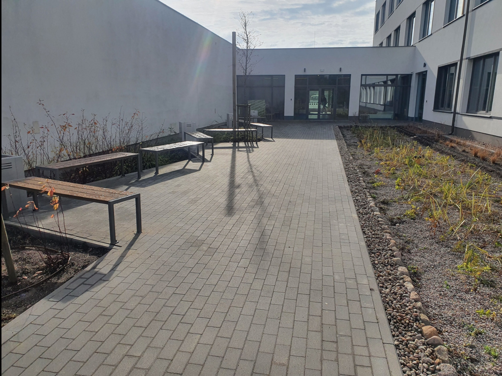 Szara kostka brukowa tworzy ścieżkę wzdłuż budynku z jasną elewacją. W tle widoczne ławki i rabaty z roślinami. Całość w neutralnej kolorystyce.