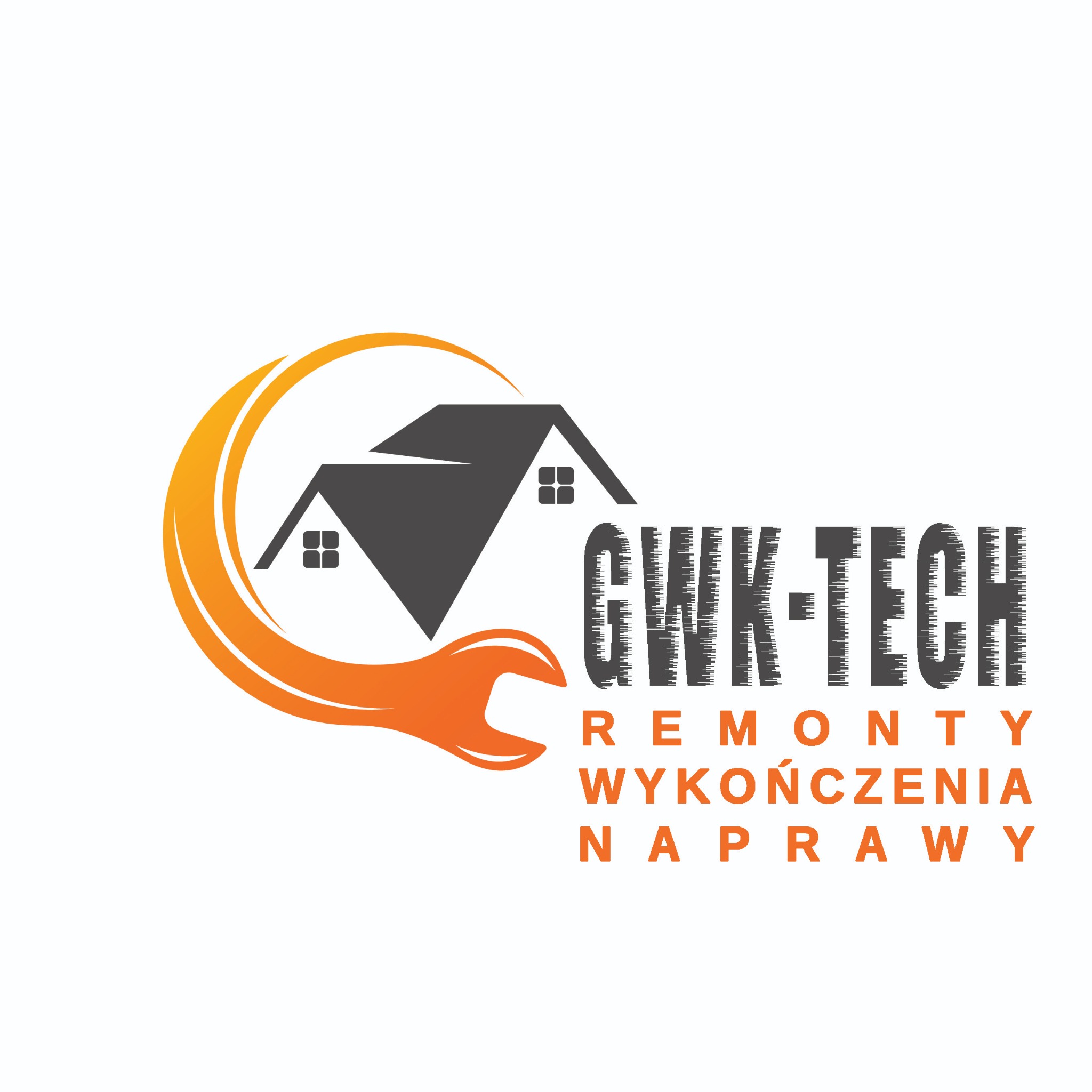 Logo firmy remontowej CWIK-TECH. Grafika z domem, kluczem francuskim i hasłami: remonty, wykończenia, naprawy w kolorach szaro-pomarańczowych na białym tle.
