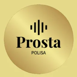 Złote logo 'Prosta POLISA' w okręgu, z trzema pionowymi kreskami u góry. Minimalistyczny design na jednolitym, rozmytym tle w odcieniach złota.