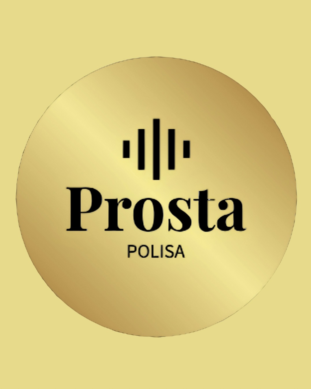 Złote logo 'Prosta POLISA' w okręgu, z trzema pionowymi kreskami u góry. Minimalistyczny design na jednolitym, rozmytym tle w odcieniach złota.
