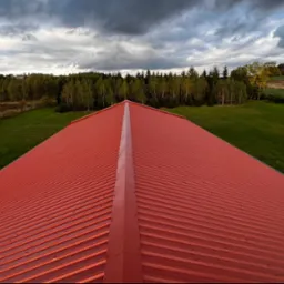 Czerwony, blaszany dach z wyraźnymi żłobieniami, widziany z góry, z zielonym tłem drzew i pochmurnym niebem. Dach jest symetryczny, z wyraźnym grzbietem.