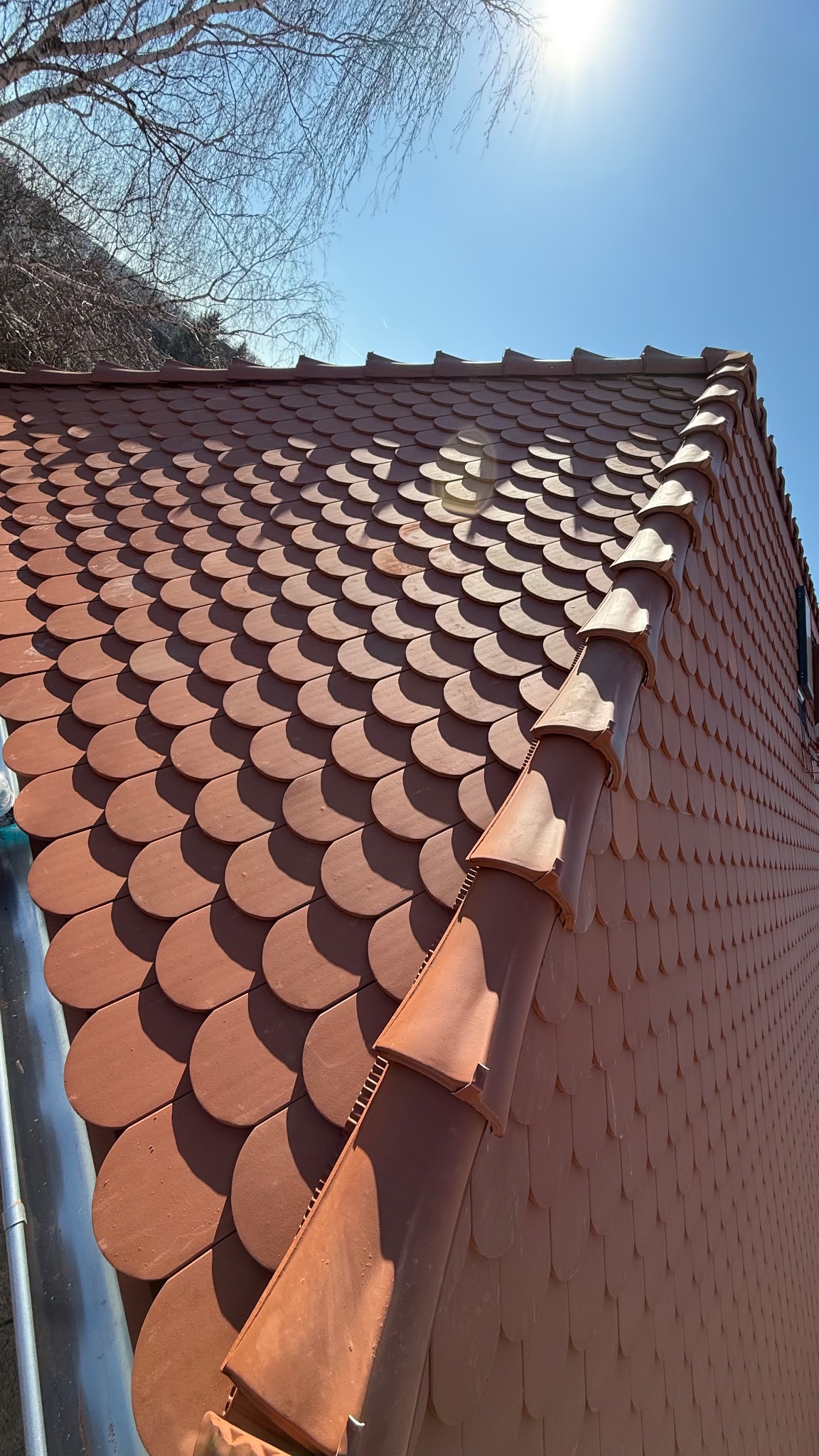 Dach pokryty łuską ceramiczną w odcieniach brązu, widok z dołu pod kątem, na tle błękitnego nieba i gałęzi drzew. Słoneczny dzień.