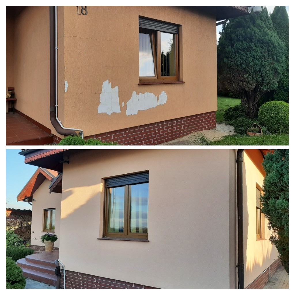 Zdjęcie 'przed i po' prezentujące odnowioną elewację domu z numerem 18. Widoczne odpryski farby przed i gładka, jednolita powierzchnia po renowacji. Ujęcie z bliska, z oknem.