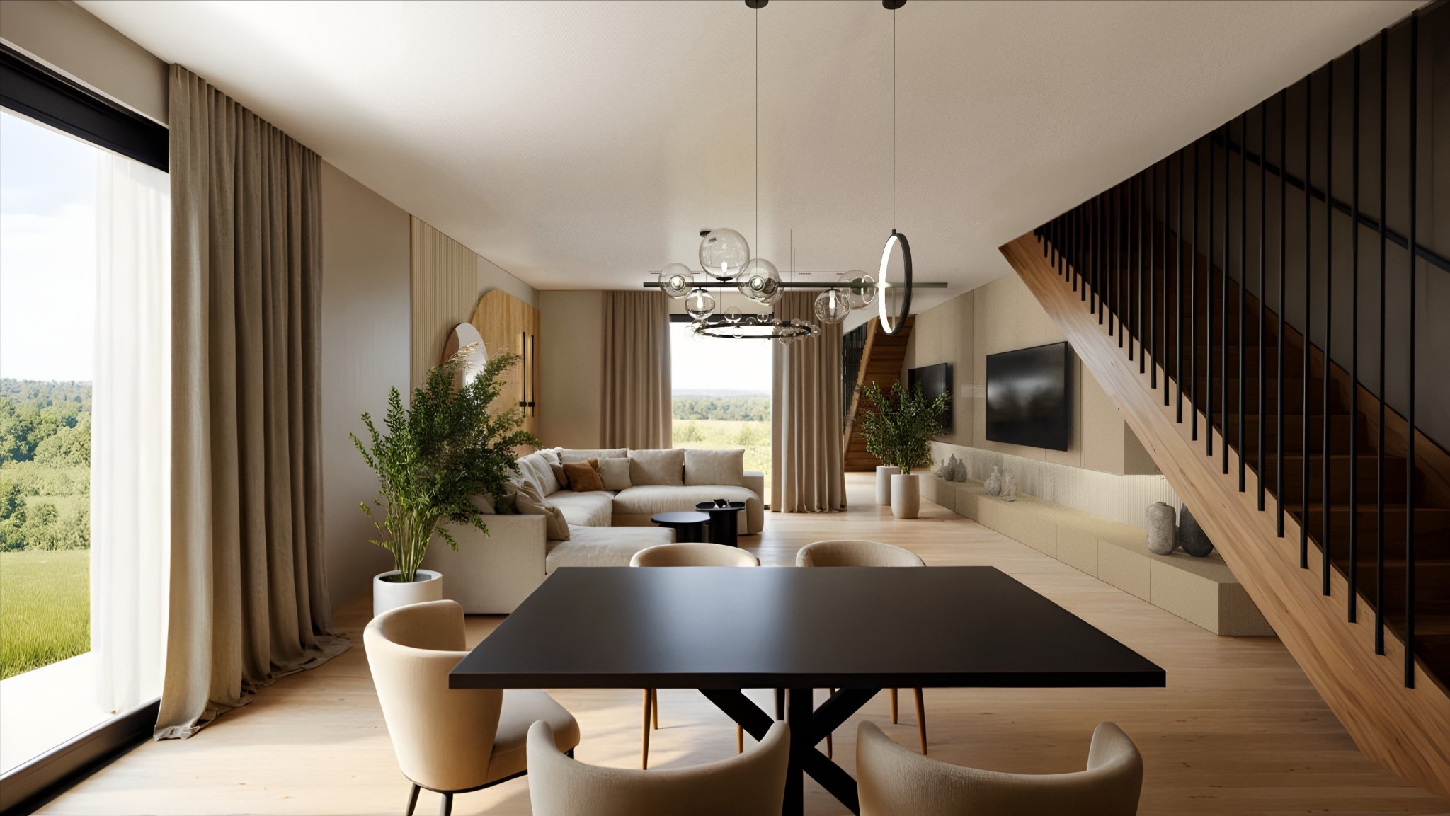 Salon w ciepłych barwach z drewnianymi schodami, stołem jadalnym i sofą narożną. Duże okno z widokiem na zieleń. Nowoczesne lampy wiszące nad stołem.