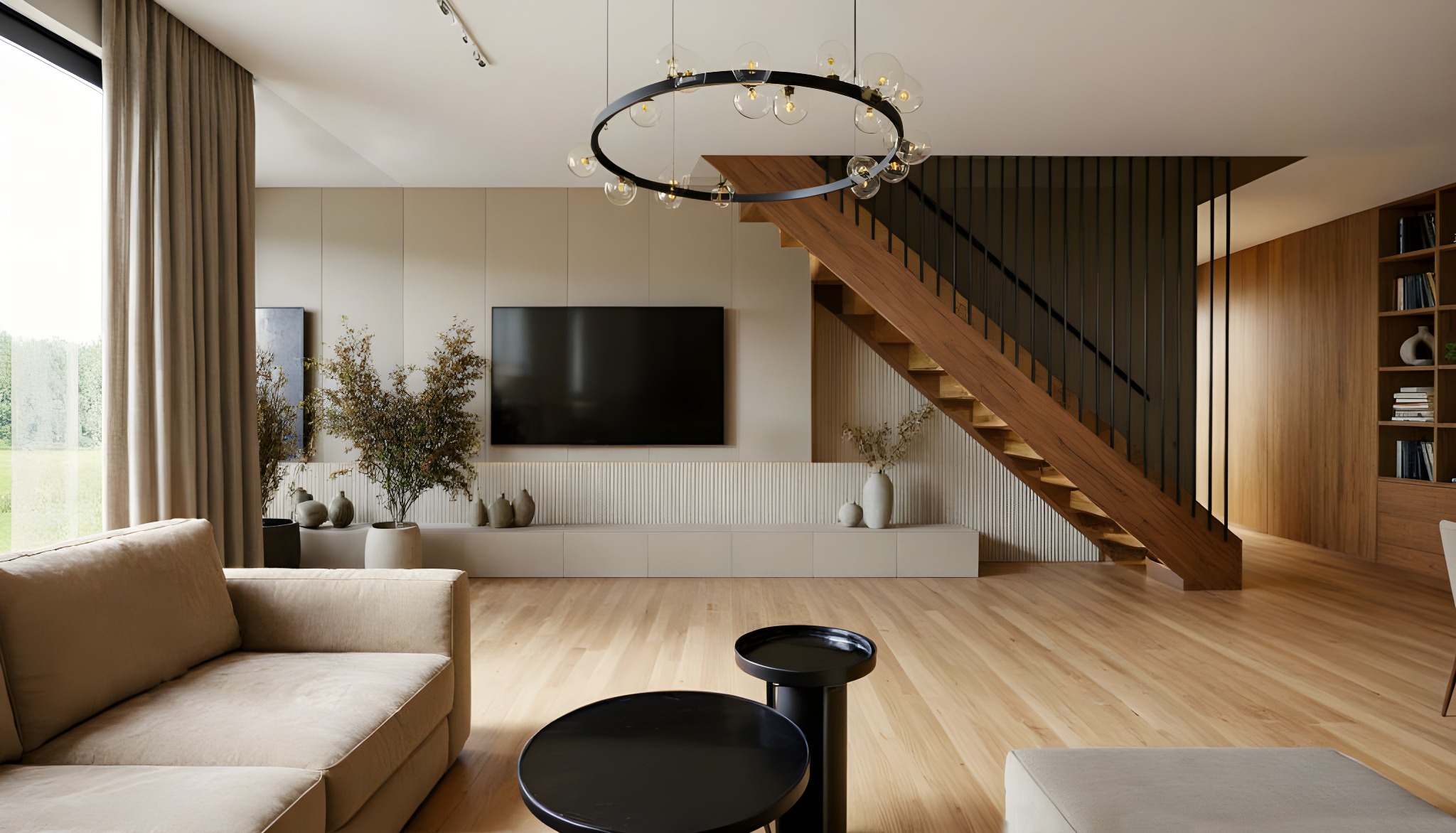 Jasne wnętrze salonu z drewnianymi schodami i okrągłą lampą. Beżowa sofa, czarne stoliki kawowe i minimalistyczny wystrój tworzą przytulną atmosferę.