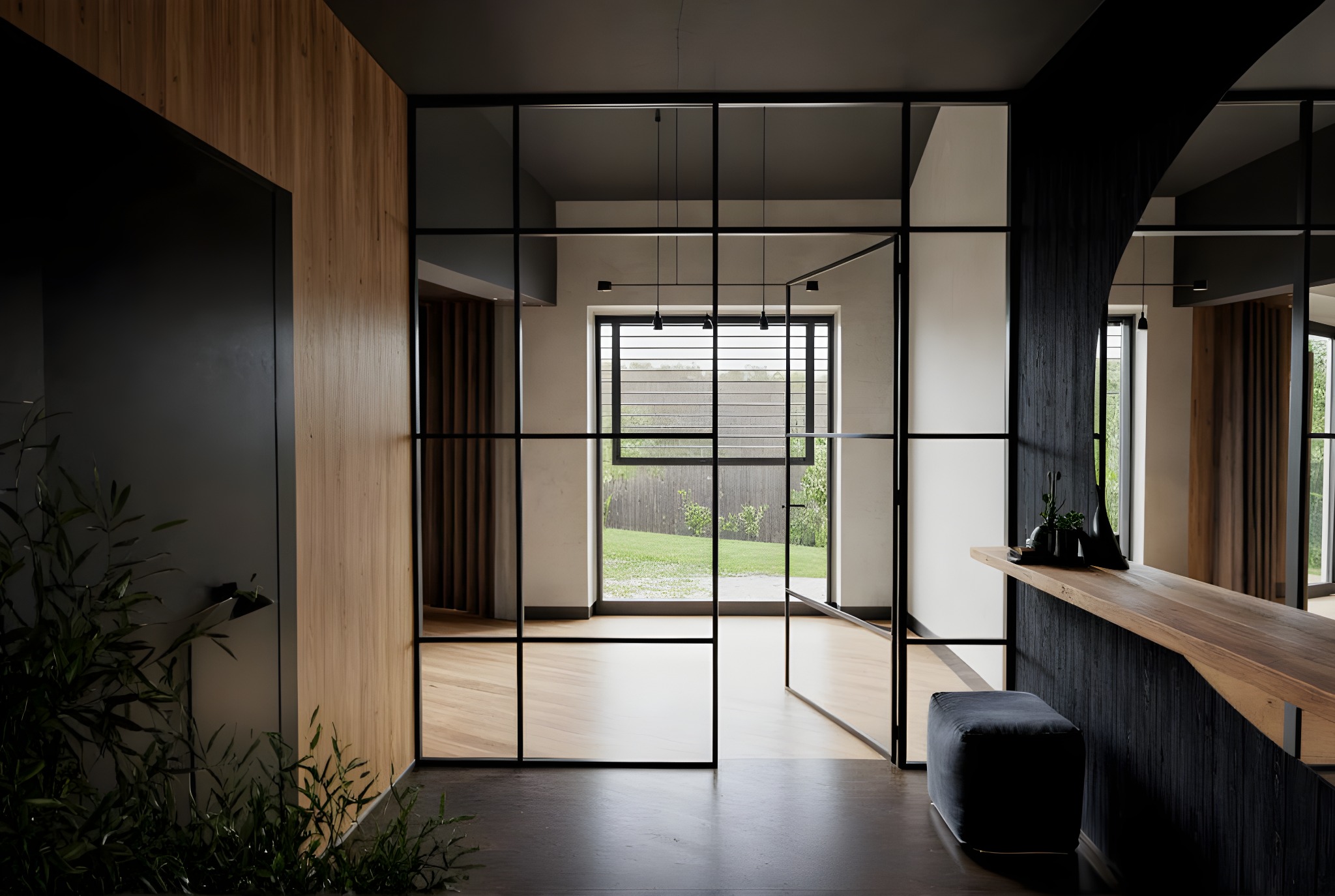 Nowoczesne wnętrze domu z przeszkloną ścianą działową, drewnianą konsolą i roślinami. Widok na ogród przez otwarte drzwi.