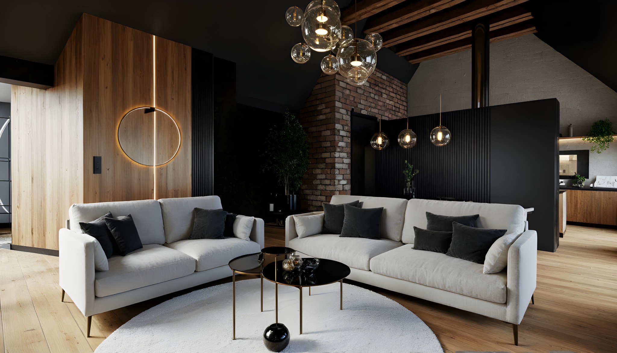 Elegancki salon z dwoma białymi sofami, okrągłym dywanem i stolikami kawowymi. Ściana z drewnianymi panelami i okrągłym lustrem z podświetleniem LED. Lampa sufitowa z szklanych kul.