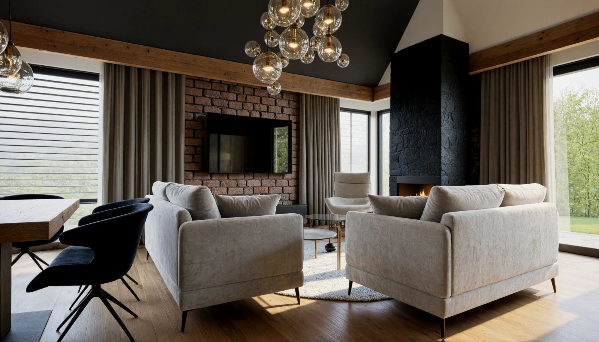 Nowoczesny salon z ceglaną ścianą, kominkiem i designerską lampą. Dwie sofy w odcieniach beżu, drewniana podłoga i czarne krzesła przy stole. Duże okna z widokiem na zieleń.
