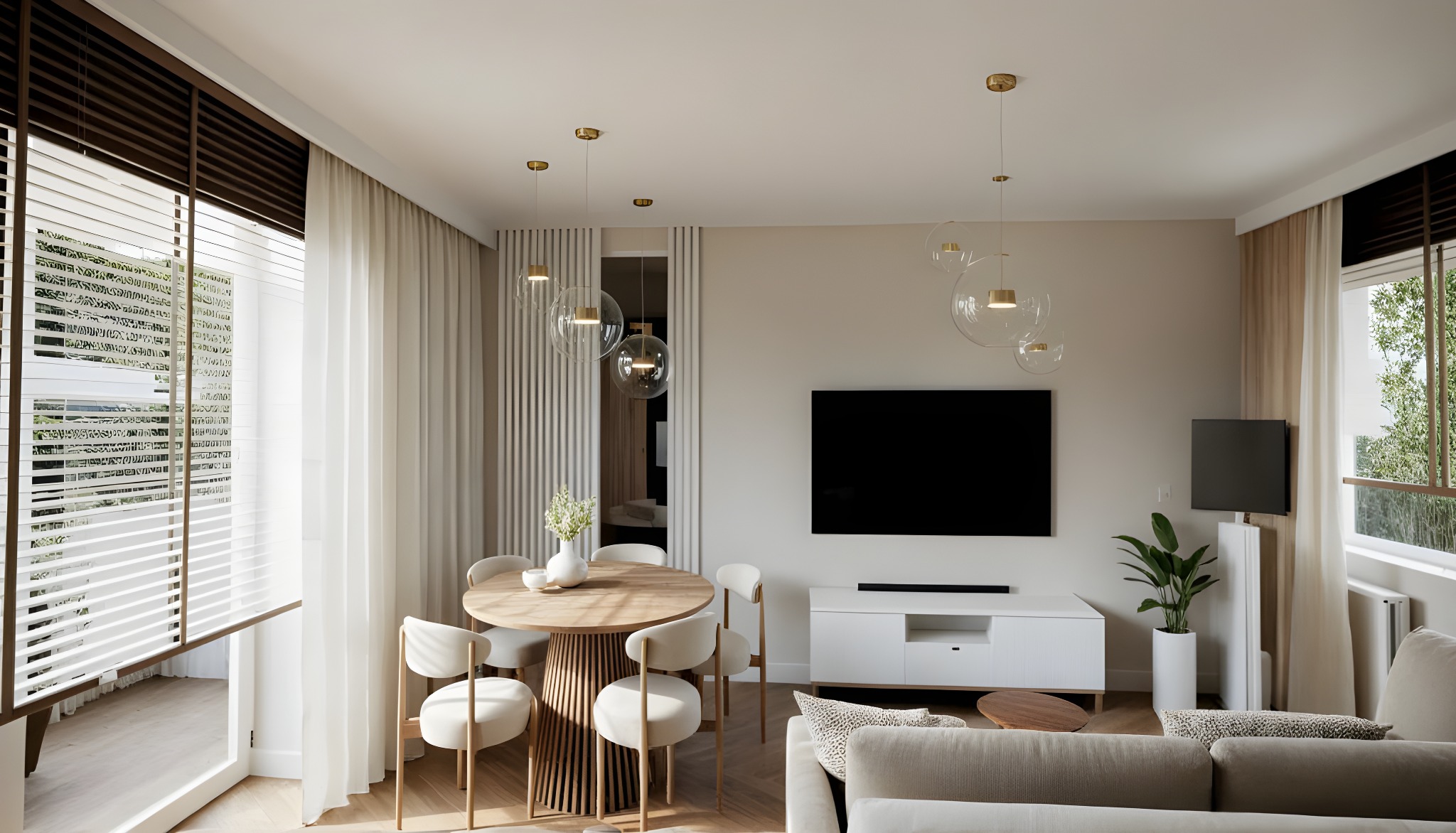 Jasne wnętrze salonu z okrągłym stołem i krzesłami, minimalistyczna szafka RTV pod telewizorem, okno z żaluzjami i delikatne, wiszące lampy kuliste.